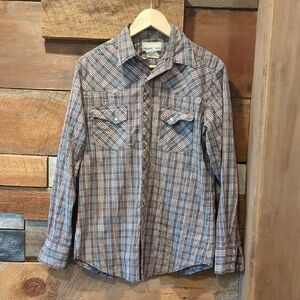 Wrangler Brown And Turquoise Plaid Button-Up Shirt with Pearl Snap Buttons M